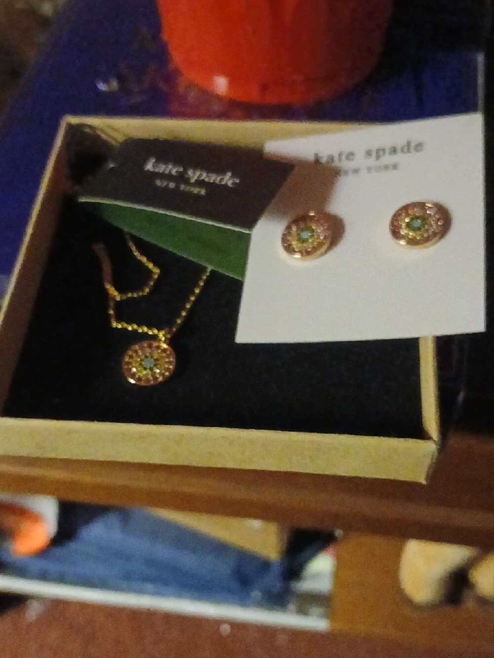 kate spade gold and teal crystal pendant necklace and stud earrings set